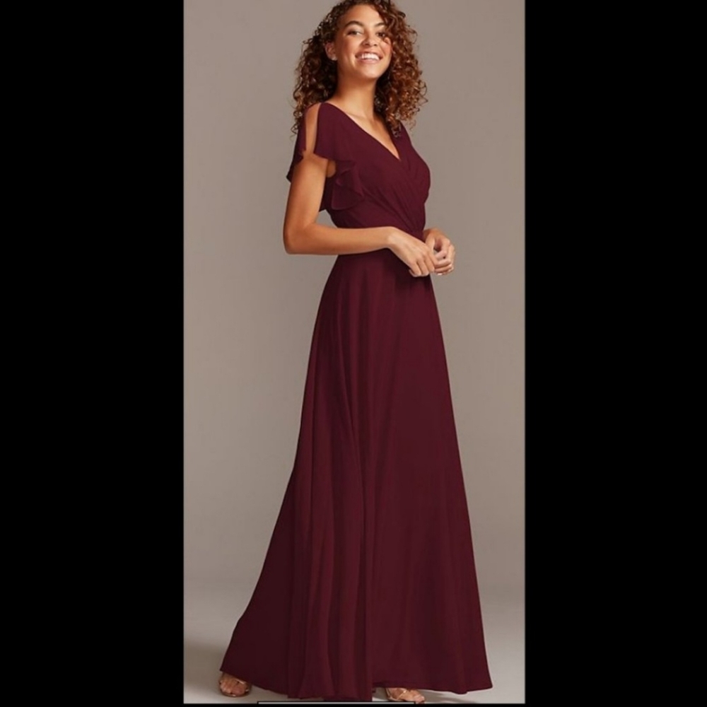 David's Bridal Wine Flutter Sleeve Dress